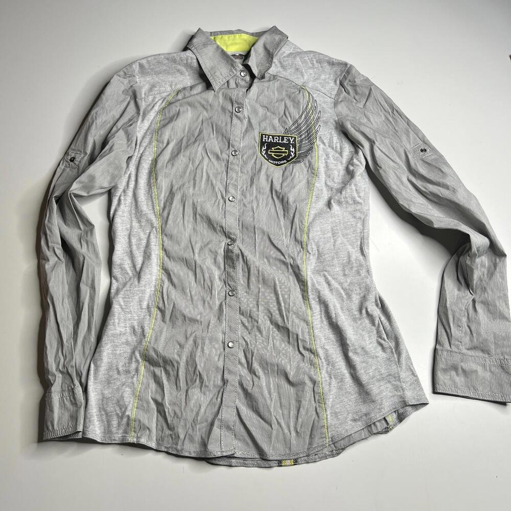 Harley-Davidson Womens M Button Up‎ Shirt Gray Wings Logo Long Sleeve
